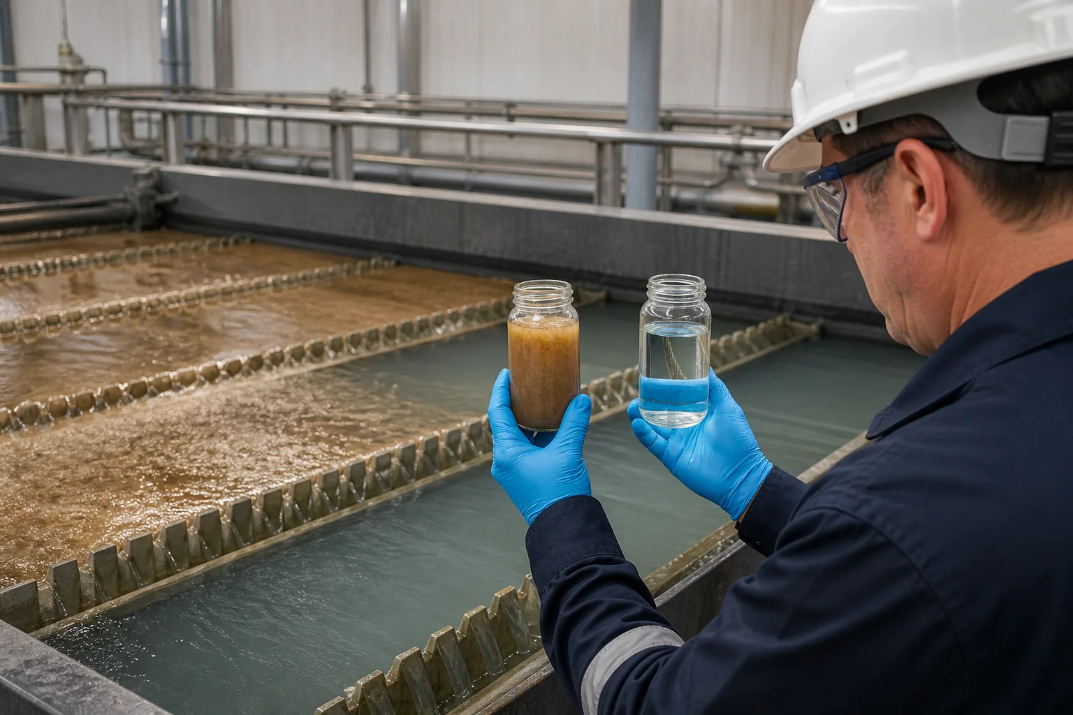 Technician comparing untreated and clarified industrial wastewater samples