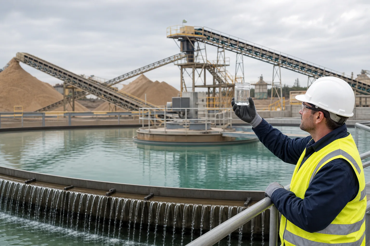 Sand-washing water-recycling clarifier with clean overflow and aggregate conveyors