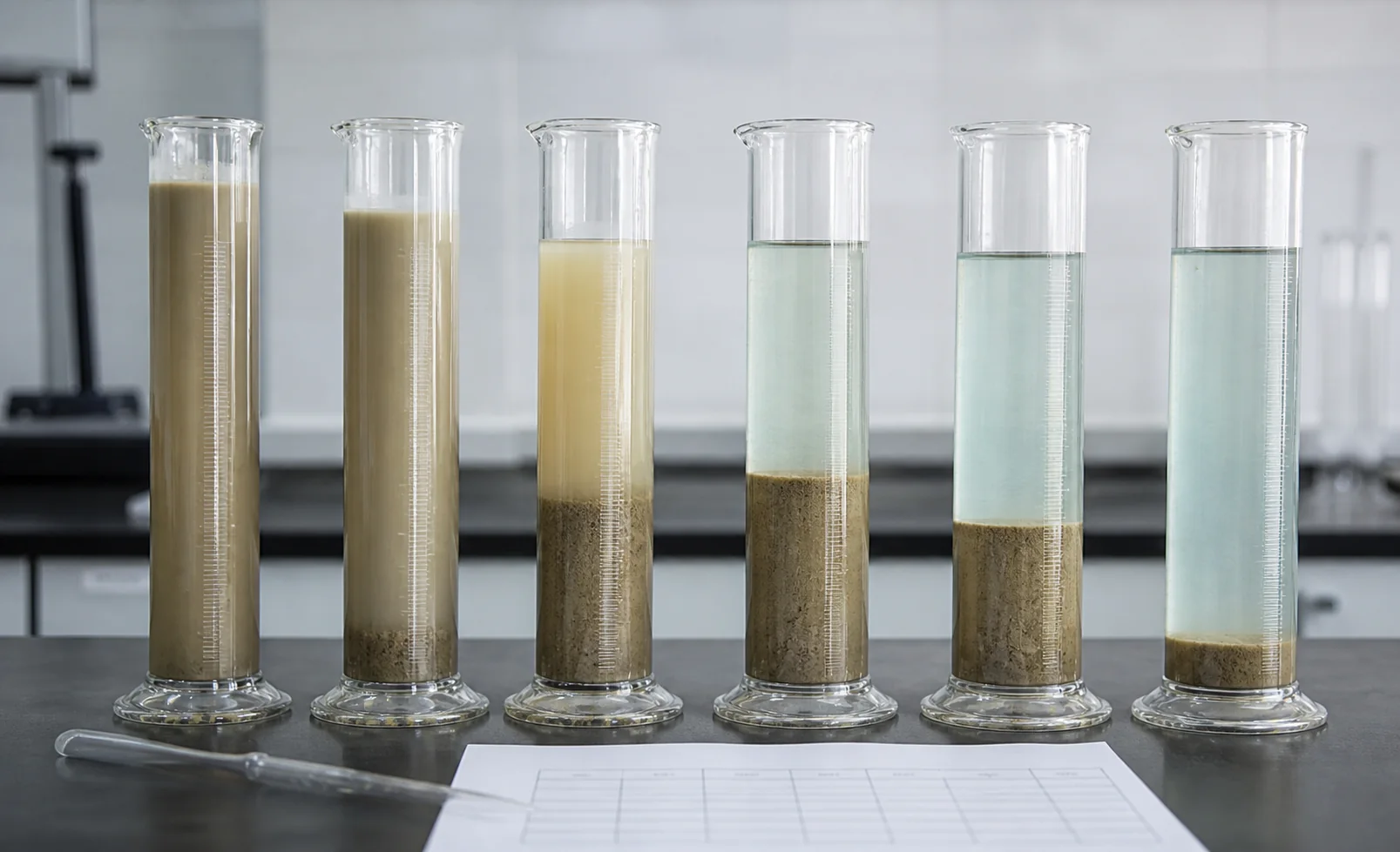 Settling cylinders showing different anionic PAM responses to the same mineral slurry