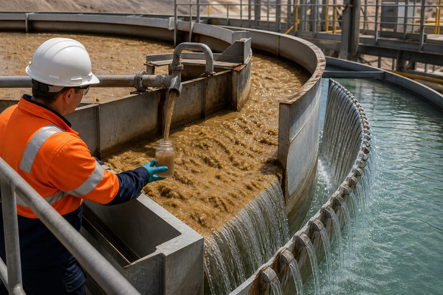 Operator sampling flocculated mineral slurry at a tailings thickener feedwell